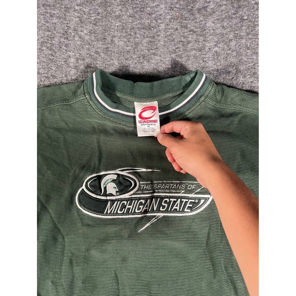 Vintage 90s Michigan State Spartans Ribbed Crewneck Sweater Green Medium Cadre - Picture 2 of 6